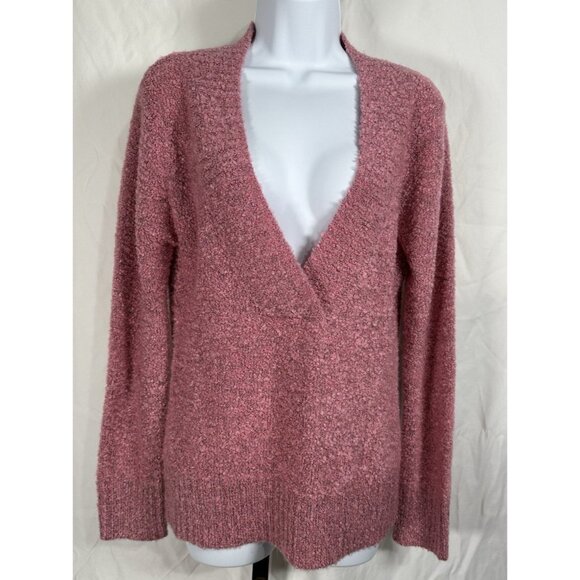 Women’s Deep V-Neck Sweater Pink Long Sleeve Knit Pullover Size L Large - Picture 1 of 5